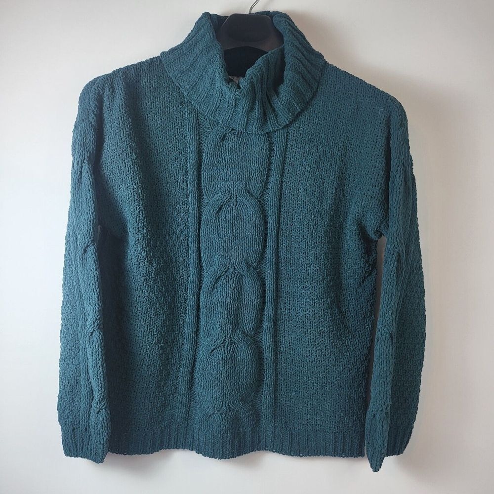 Seven7 Pullover Chenille Sweater Women Large Teal Cowl Neck Long Puff Sleeves